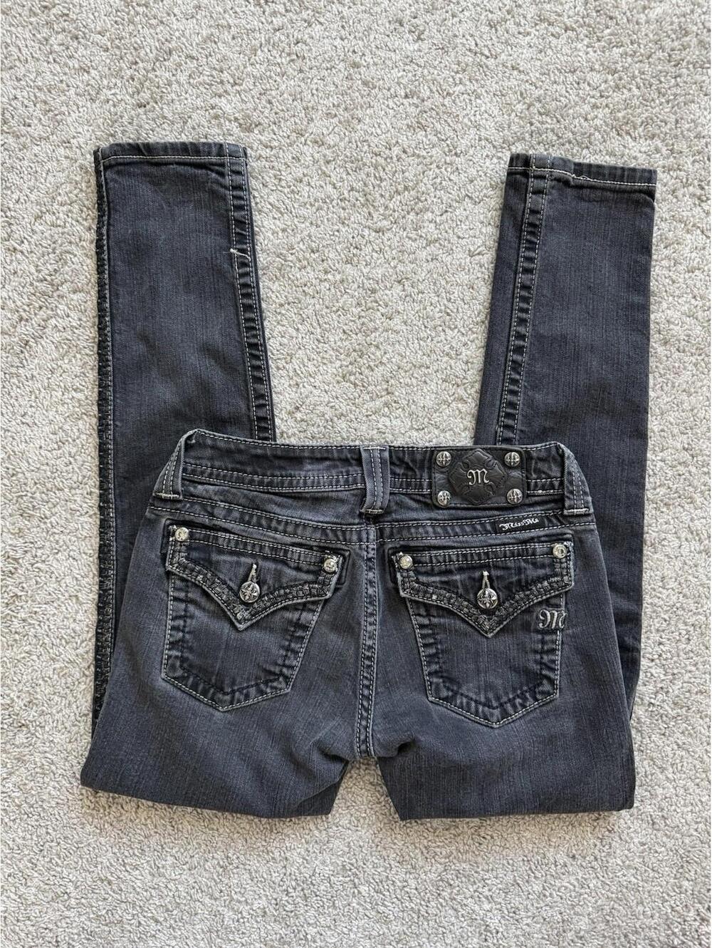 Miss Me‎ Women’s Sz 27 Skinny Embroidered Embellished Black Denim Jeans Mid Rise